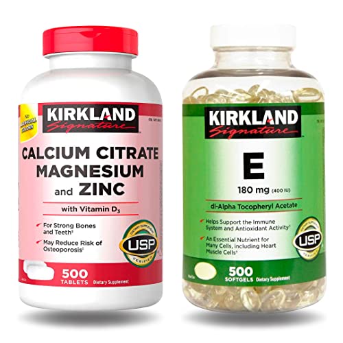 Kirkland Signature – Calcium Citrate, Magnesium and Zinc 500 Tablets + Vitamin E 400IU, 500 Softgels (Bundle of 2 Units Total)